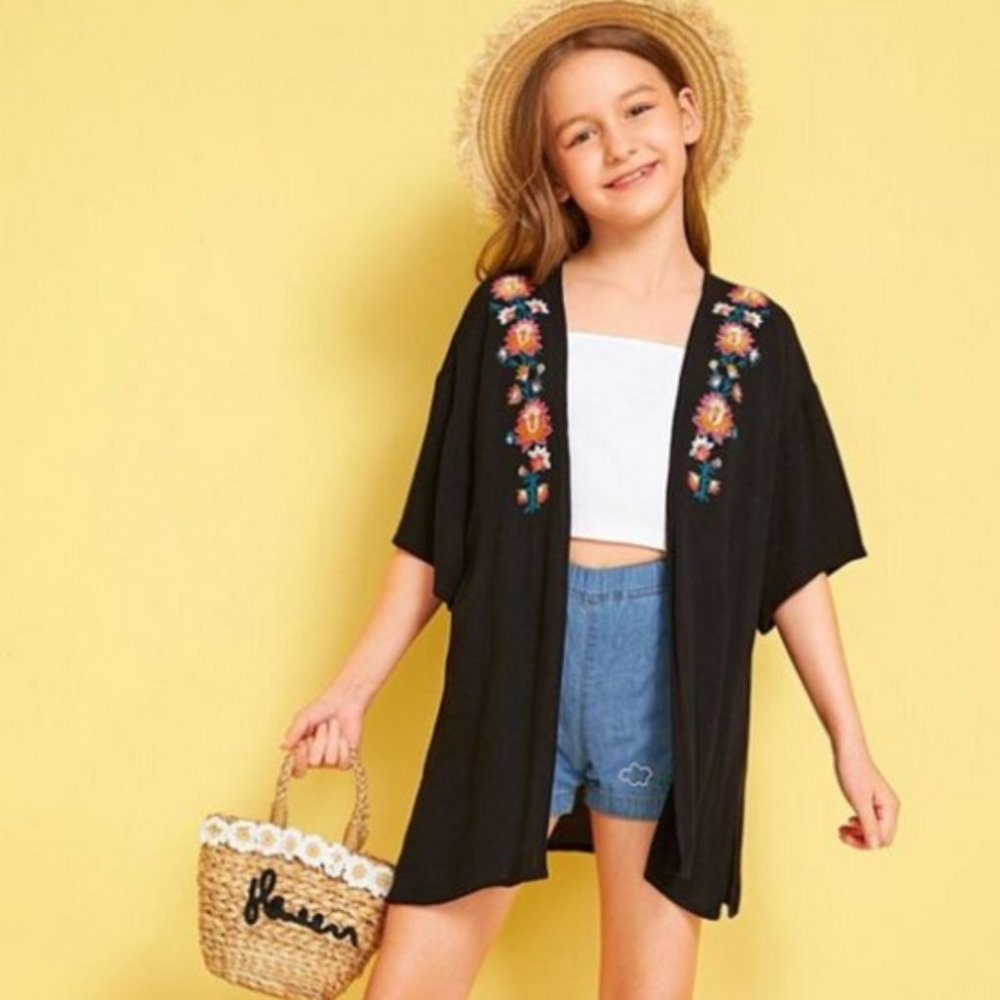 NEW Girls boho Black Kimono Shoulder Embroidery